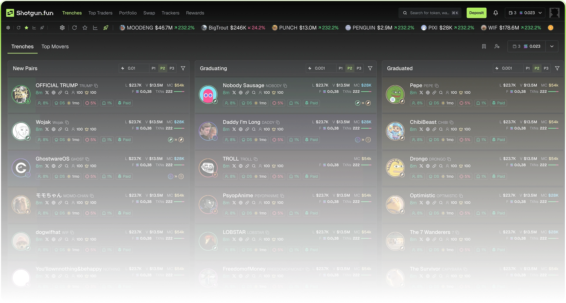 Shotgun.fun trading terminal interface preview